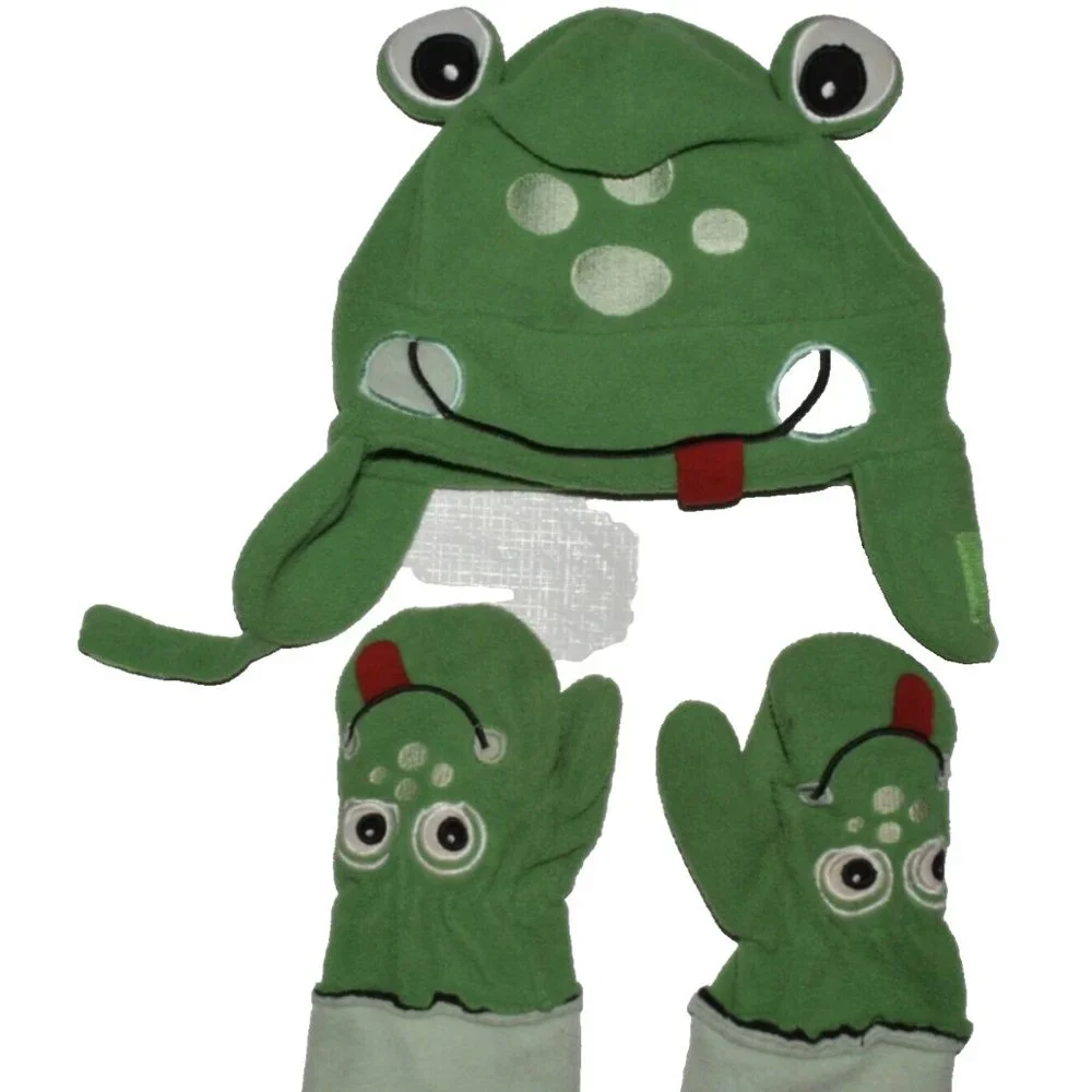 TODDLERS boys girls ONE SIZE FLEECE FROG HAT MITTENS